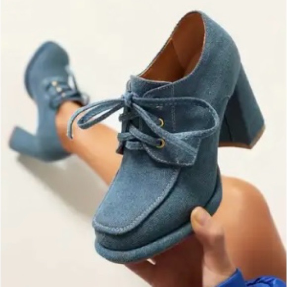 Blue Chunky Heel Lace-Up Pumps - Picture 2 of 3